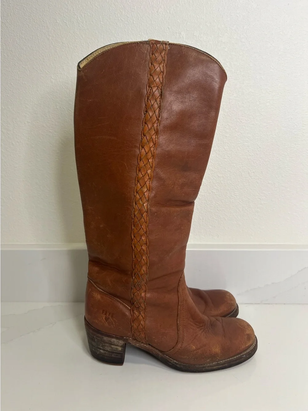 Vintage Frye Brown Leather Braided Tall Boots size 7.5